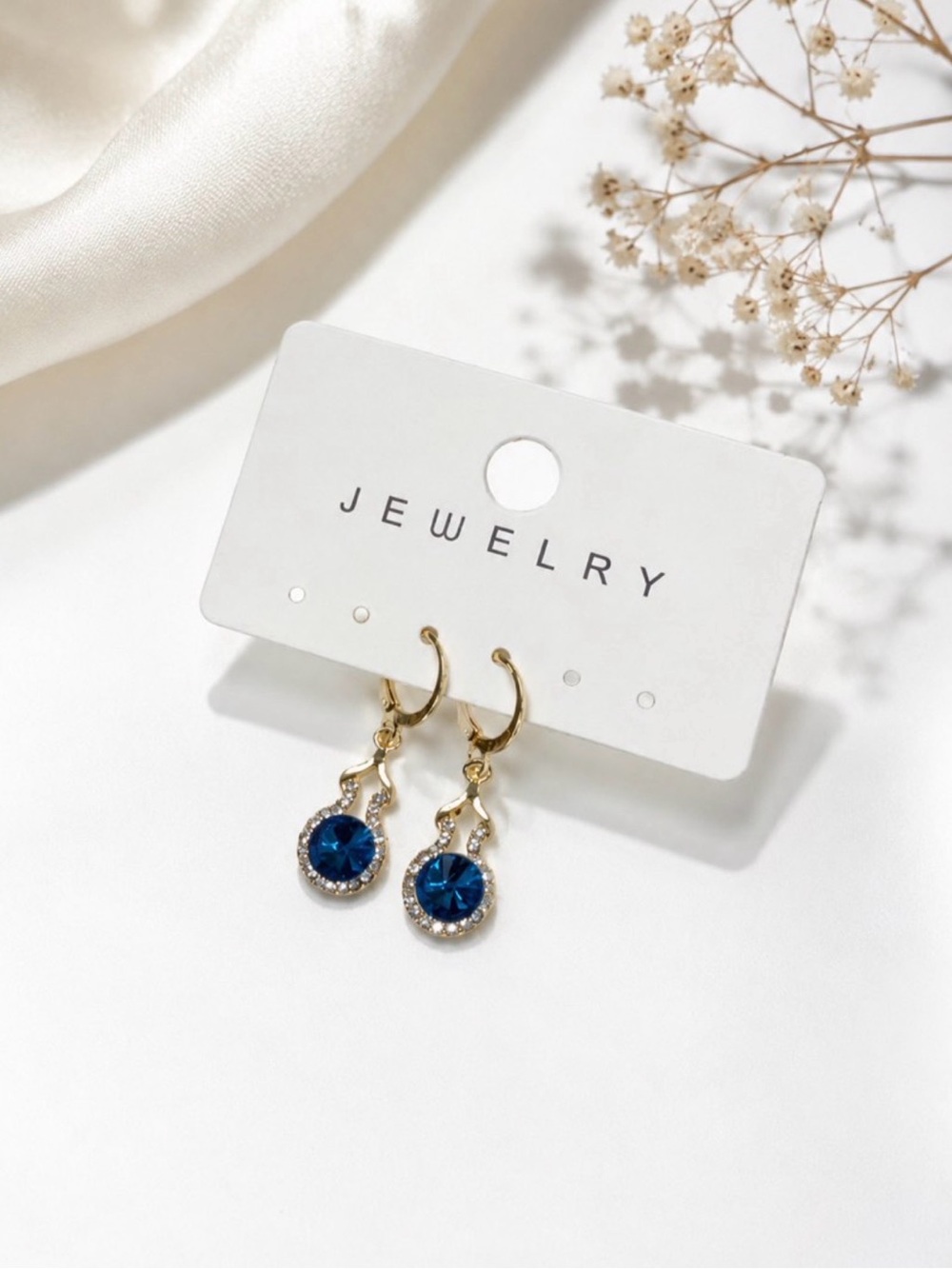 Gold-Tone Hoop Earrings with Sapphire Blue Crystal Drops